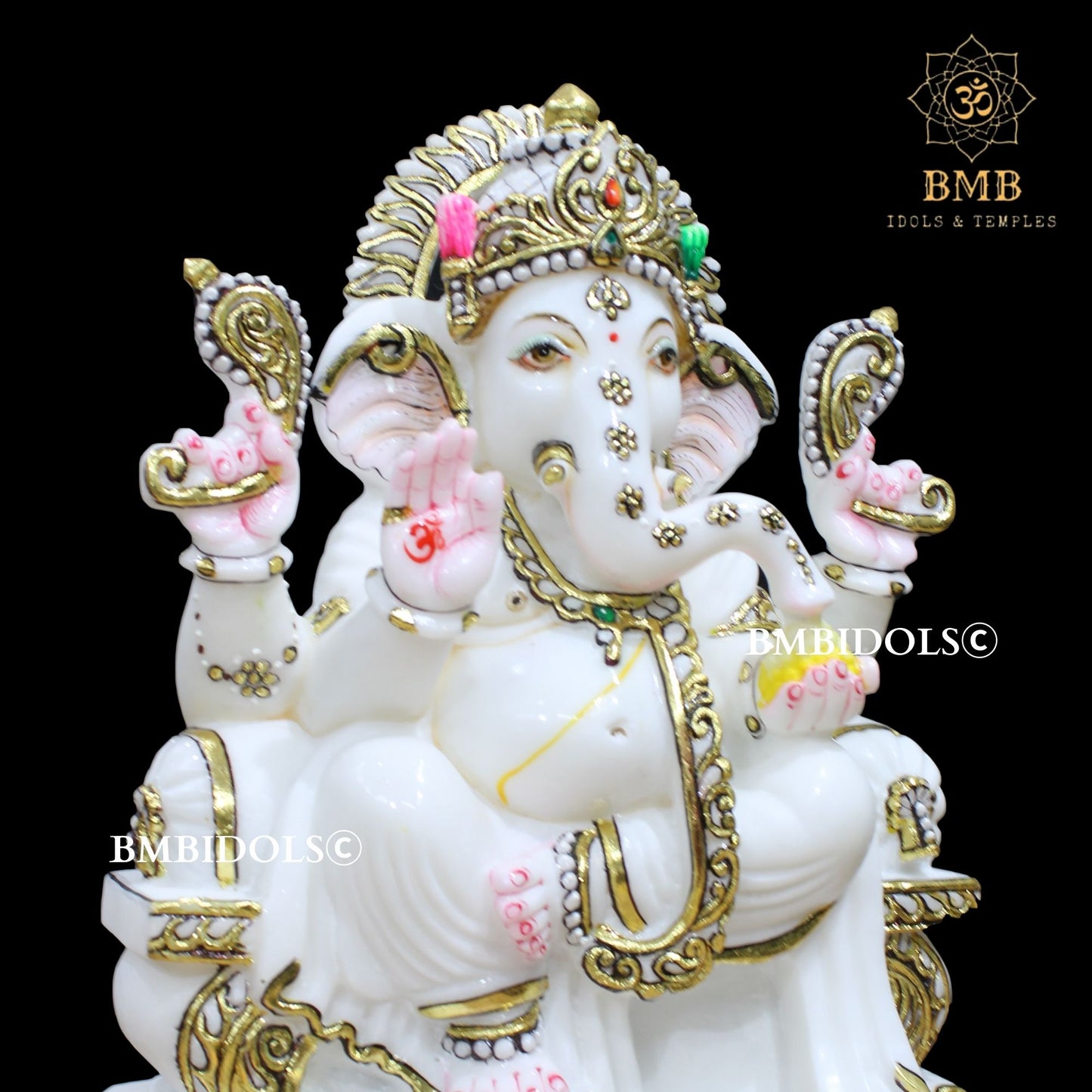 White Makrana Marble Ganesha Statue in 15inches with golwork