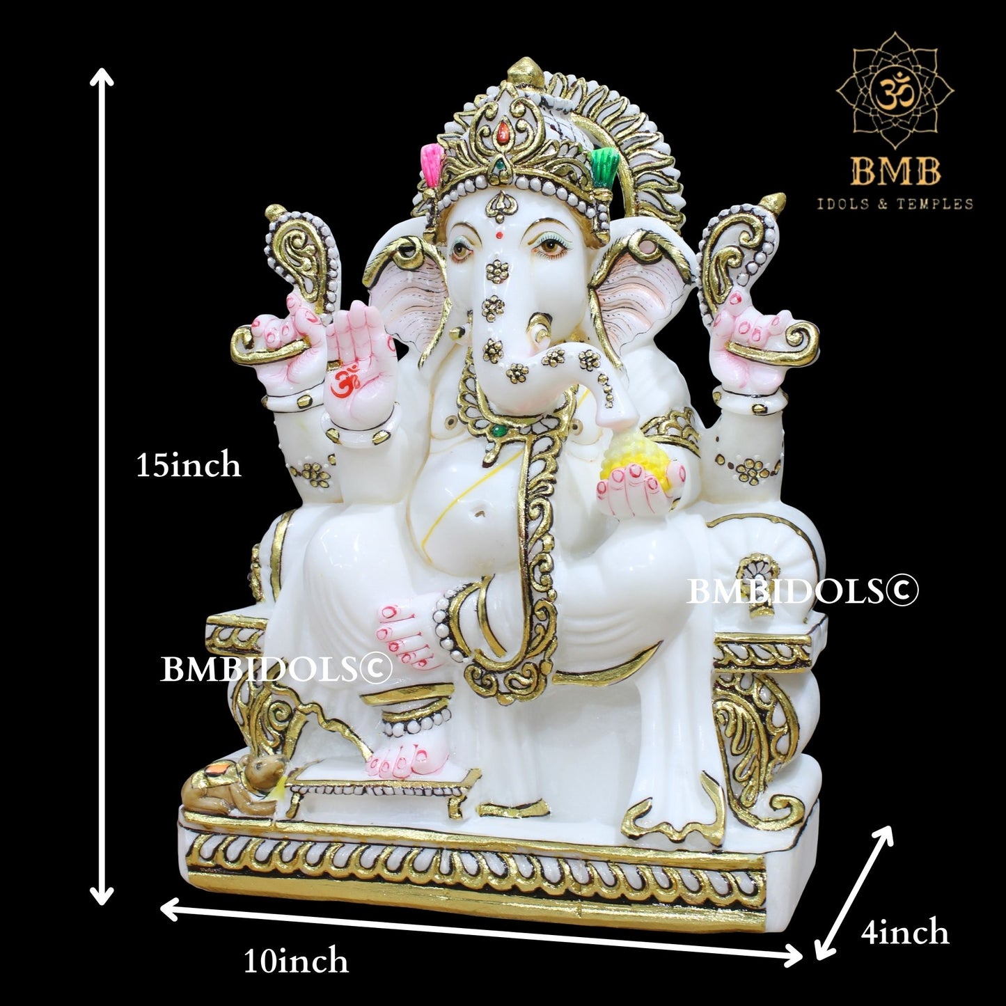 White Makrana Marble Ganesha Statue in 15inches with golwork