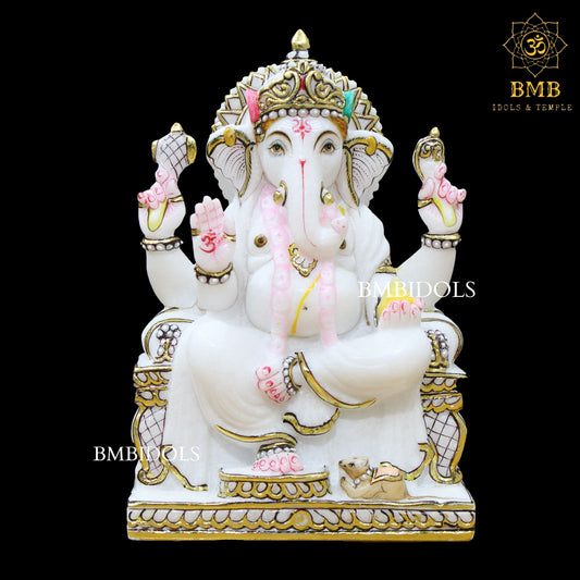 White Marble Ganesh Statue with Left Trunk in 12inches