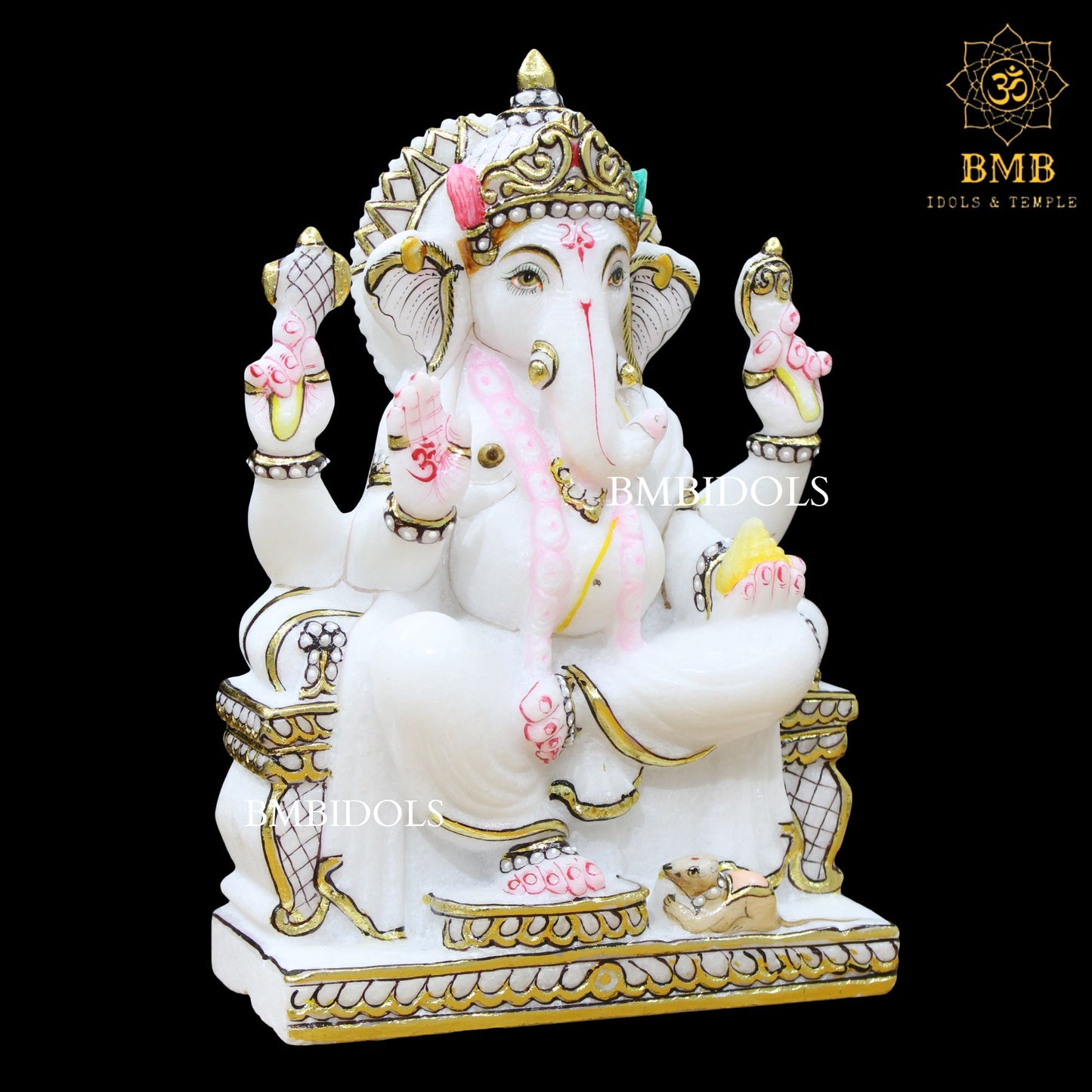 White Marble Ganesh Statue with Left Trunk in 12inches