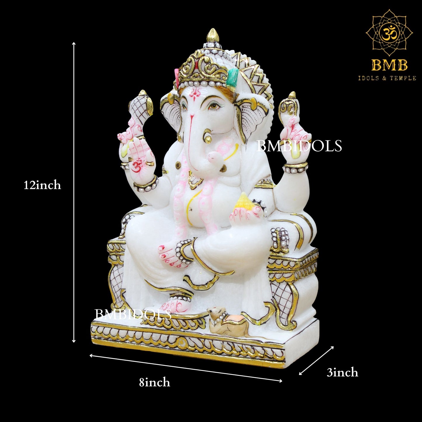 White Marble Ganesh Statue with Left Trunk in 12inches
