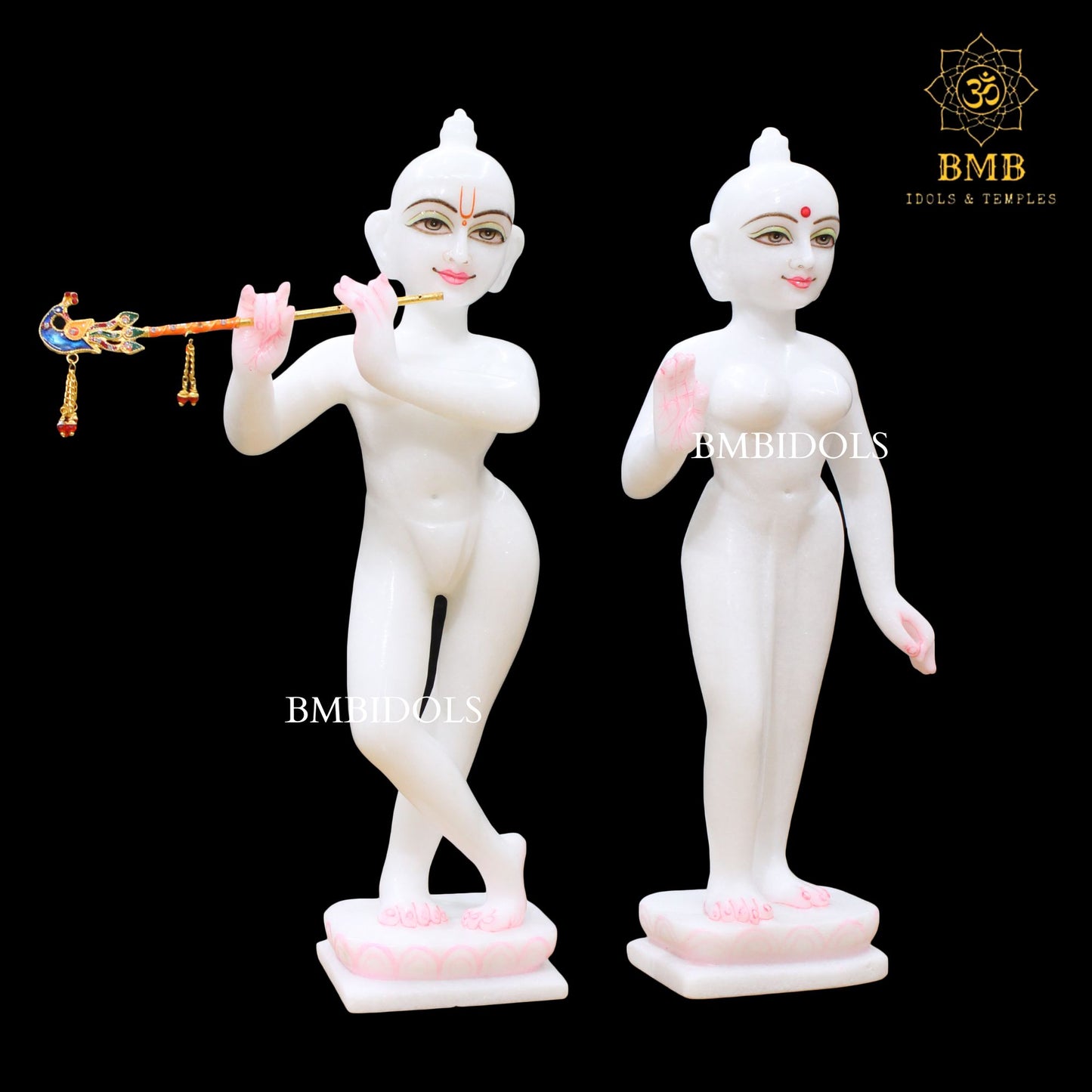 White Marble Iskcon Radha Krishna Murti on Lotus in 14inches