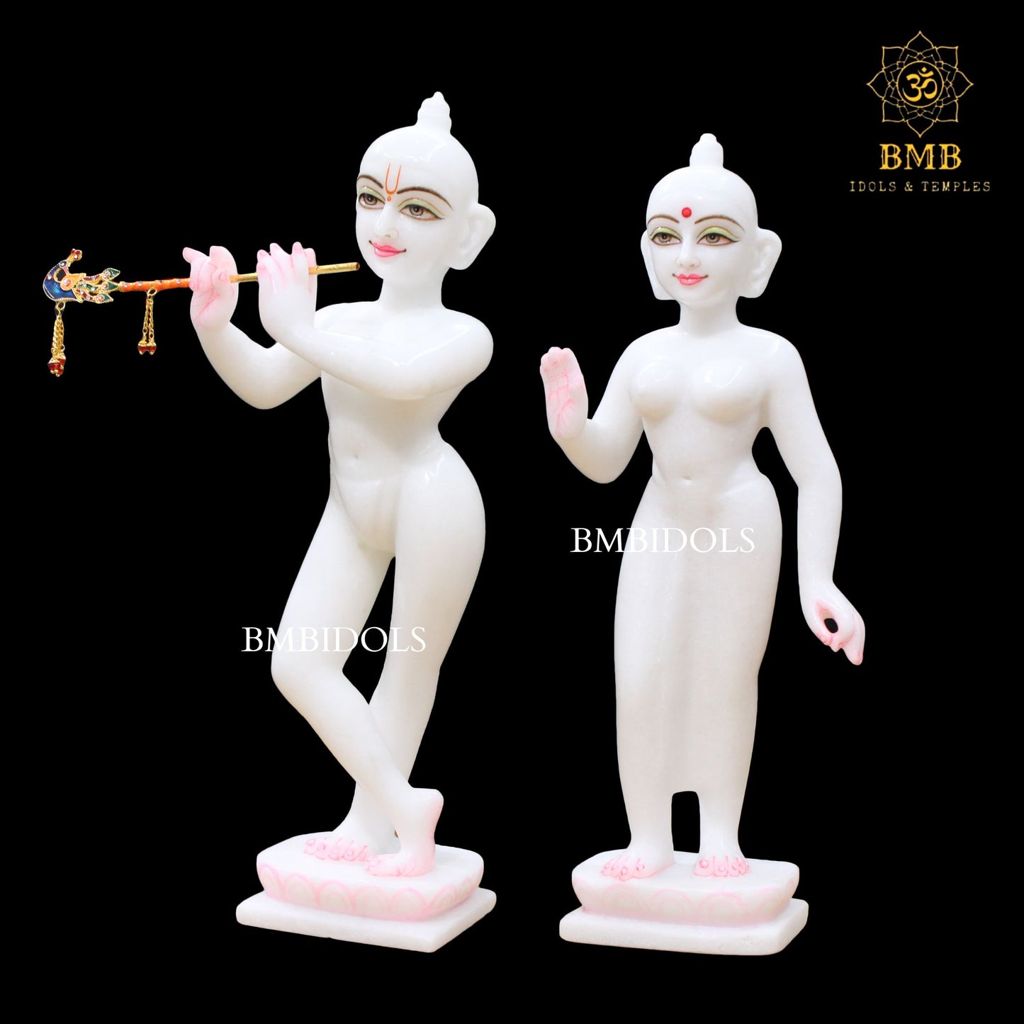 White Marble Iskcon Radha Krishna Murti on Lotus in 14inches