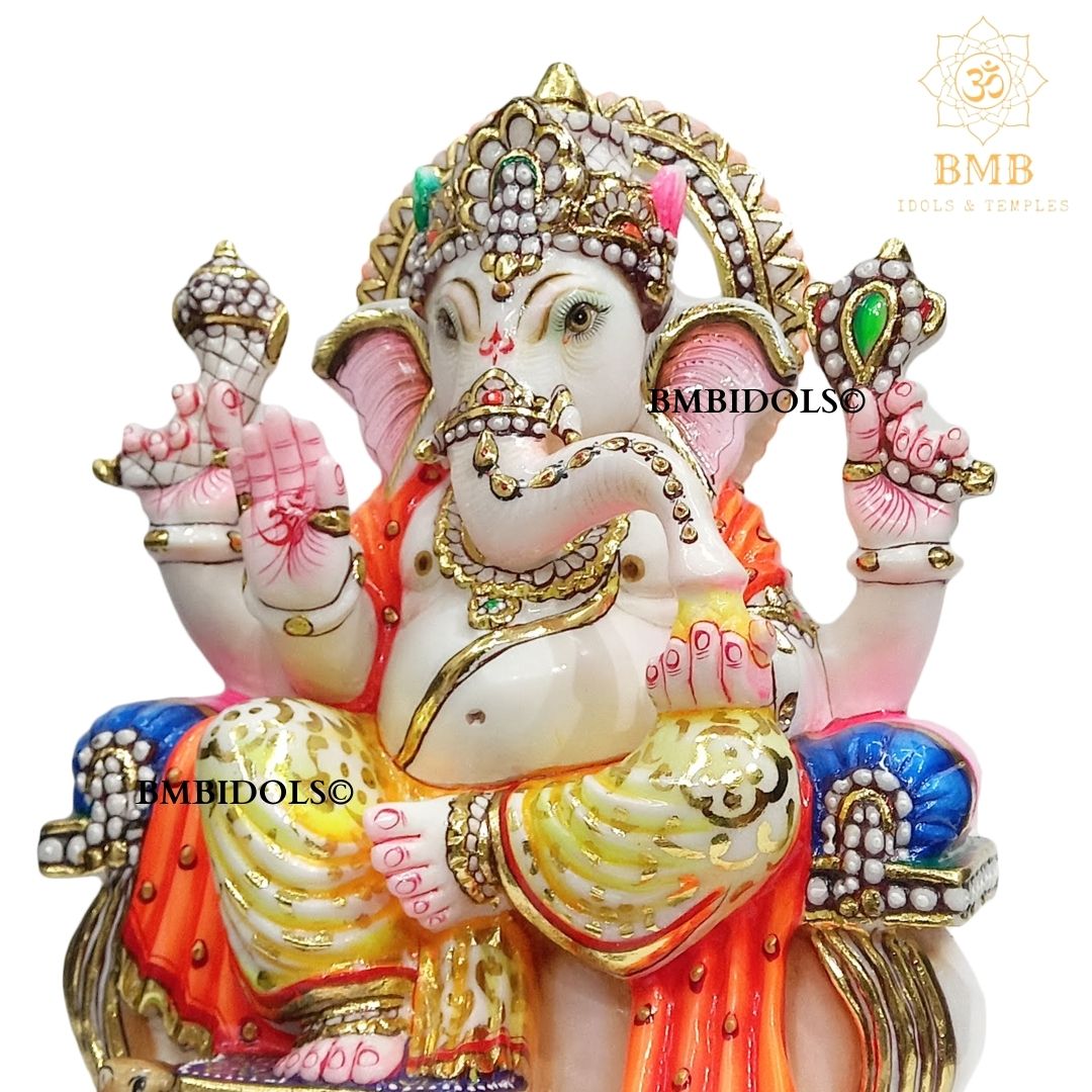 Ganesh Marble Murti with Painting done sitting on the Chowki