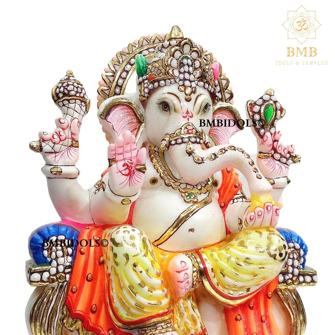 Ganesh Marble Murti with Painting done sitting on the Chowki