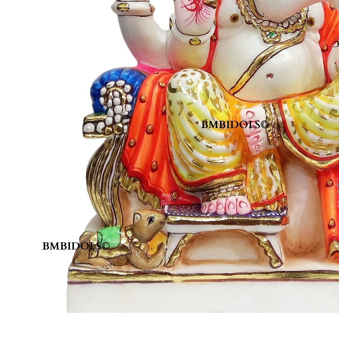 Ganesh Marble Murti with Painting done sitting on the Chowki