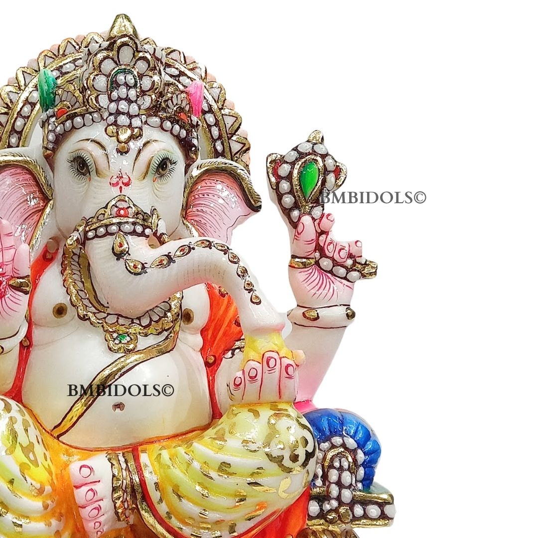 Ganesh Marble Murti with Painting done sitting on the Chowki