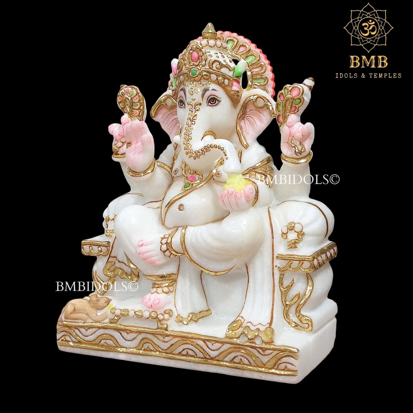 Marble Ganesh Statue Sitting on the Chowki made in White Marble in 9inch