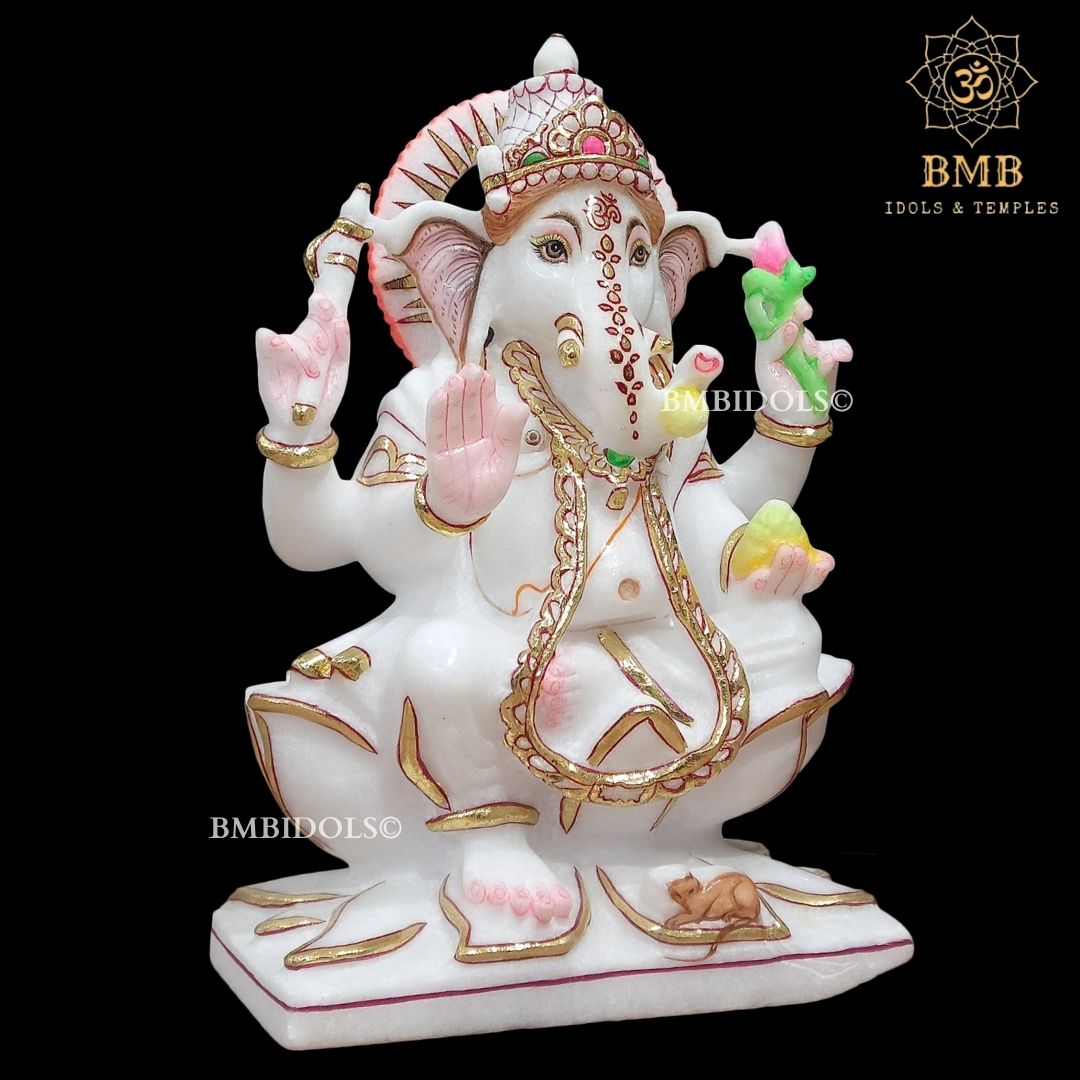 Marble Ganesh Statue sitting on Lotus Flower made in Vietnam Marble in 12inch