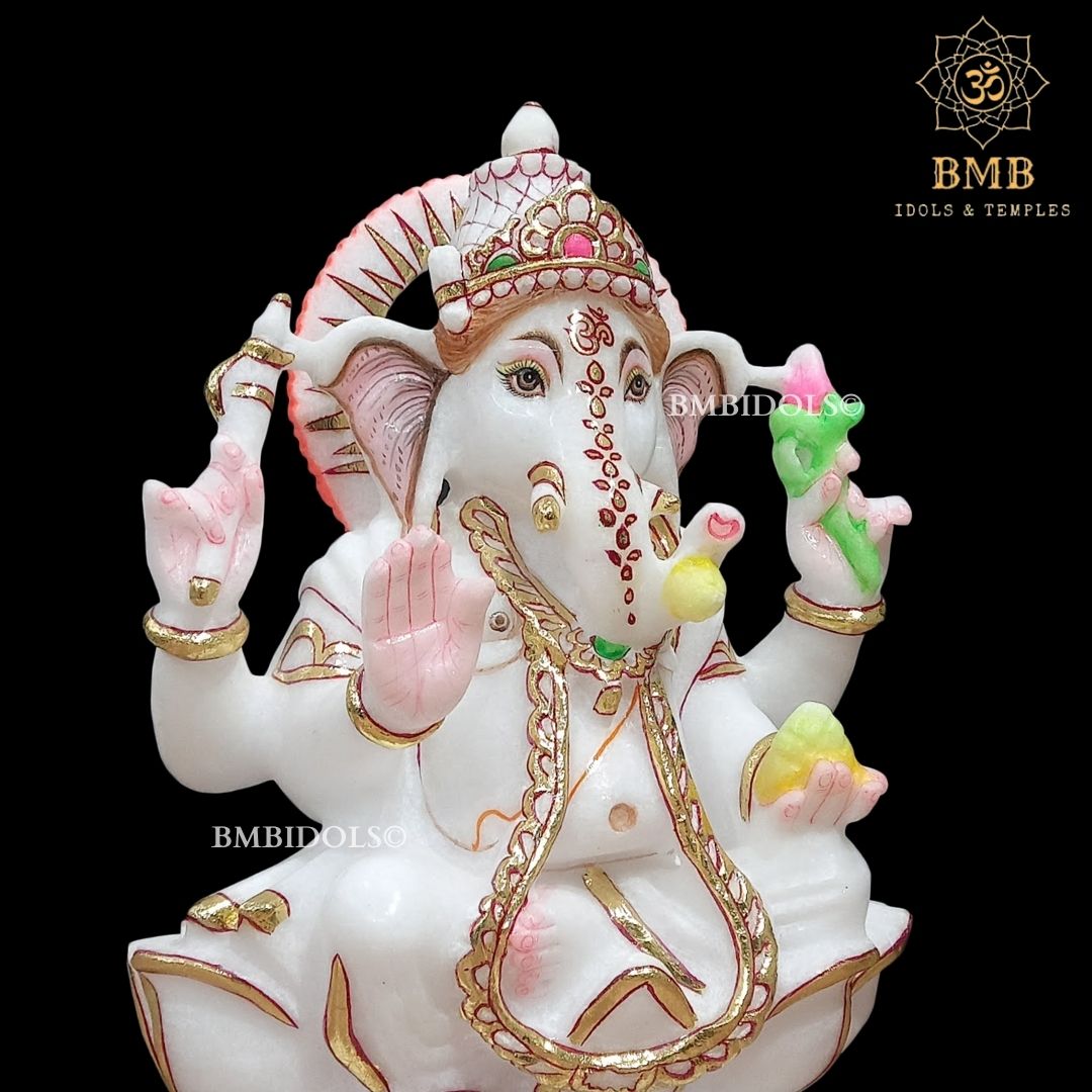 Marble Ganesh Statue sitting on Lotus Flower made in Vietnam Marble in 12inch
