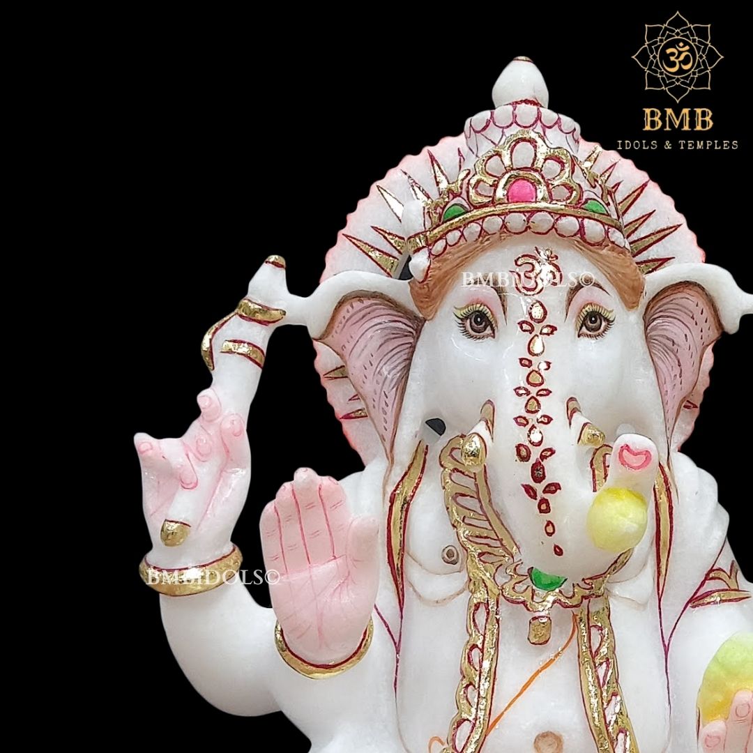 Marble Ganesh Statue sitting on Lotus Flower made in Vietnam Marble in 12inch