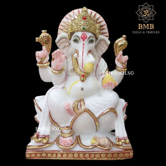 Marble Ganesh Idol made in Makrana Marble Sitting on lotus in 9inches