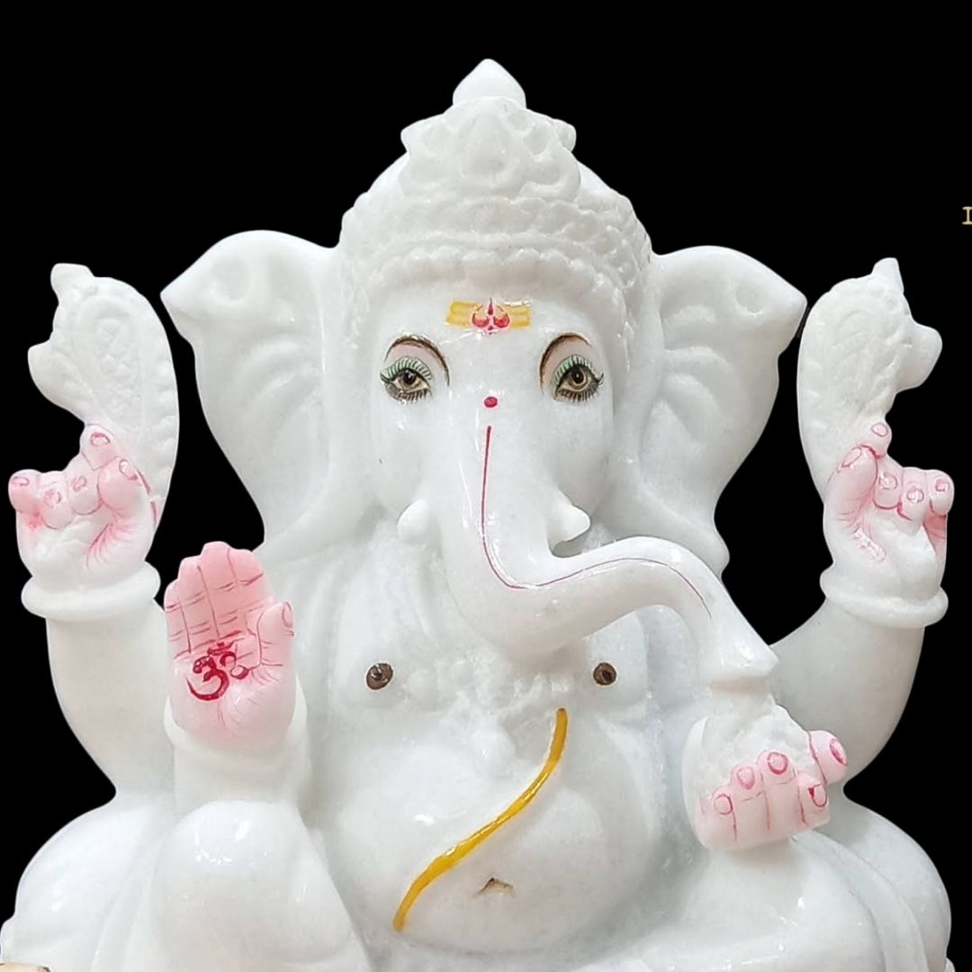 White Marble Ganesh Ji Murti in the Sitting posture in Vietnam Marble in 10inch