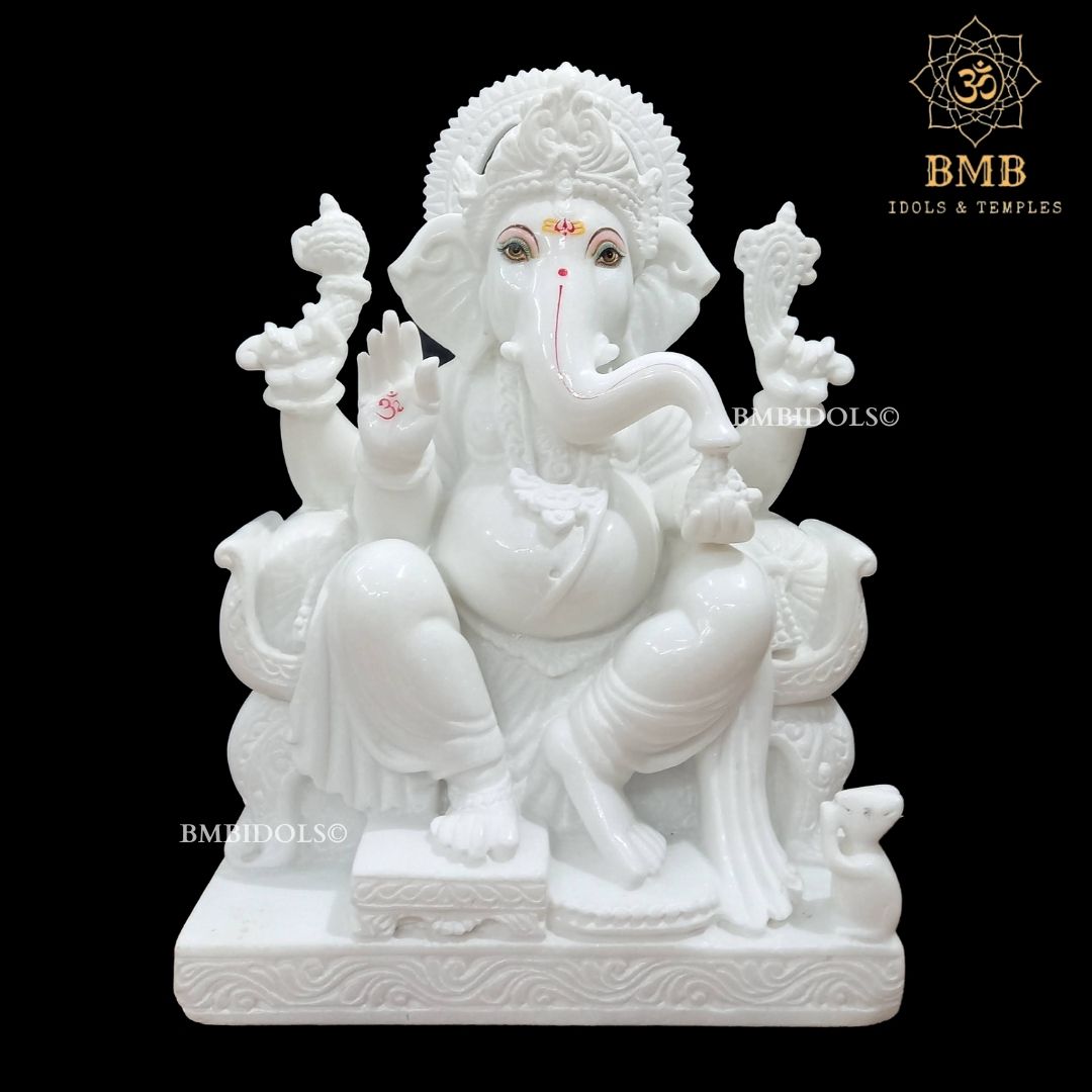 White Makrana Marble Ganesh Statue made Sitting on chowki in 18inches