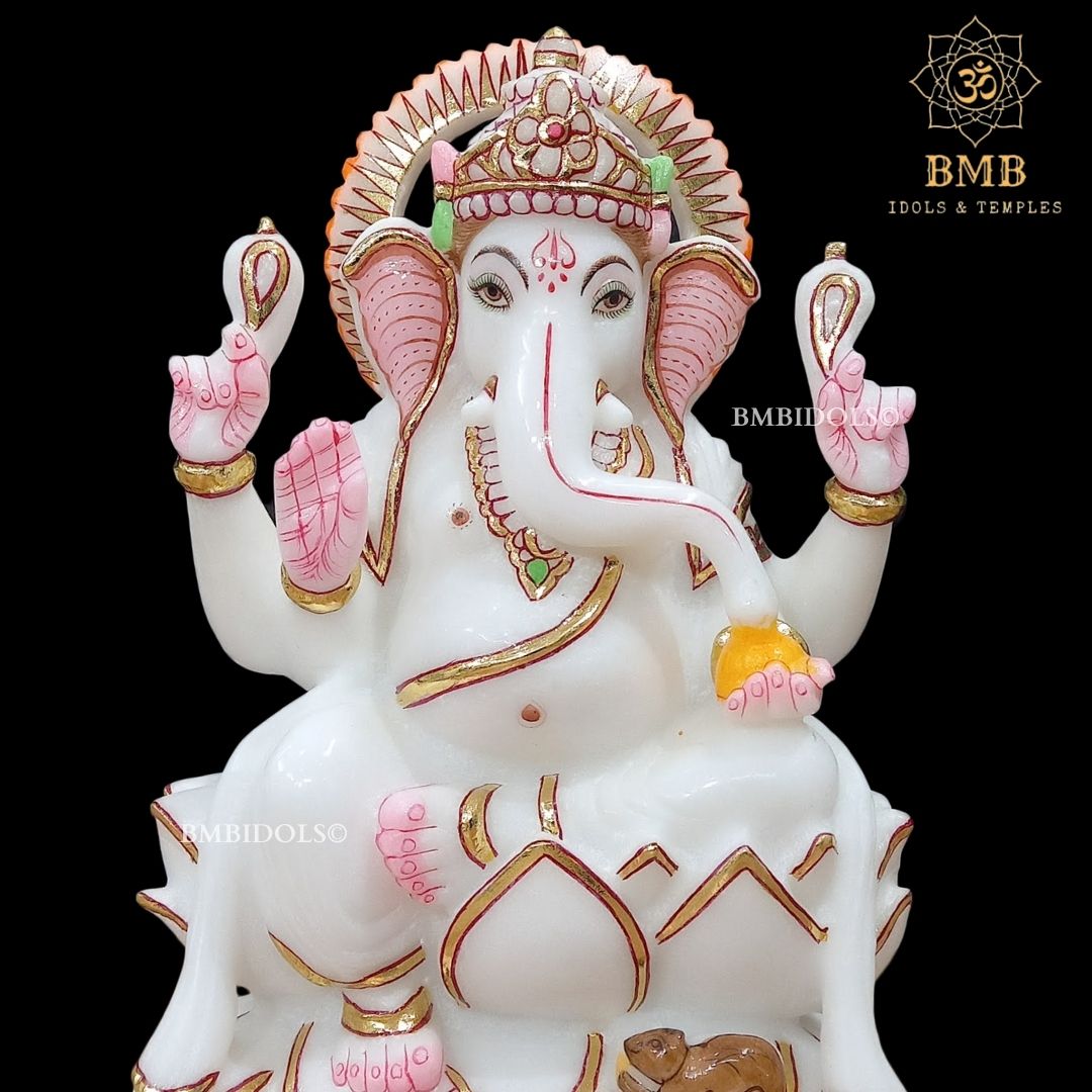 White Marble Ganesha Murti Sitting On the Lotus ashirwad Posture in 9inch