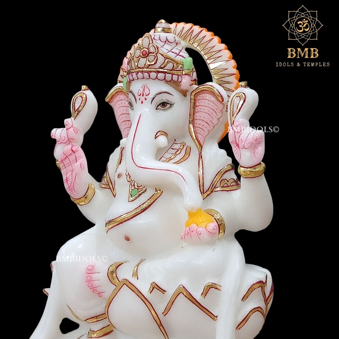 White Marble Ganesha Murti Sitting On the Lotus ashirwad Posture in 9inch