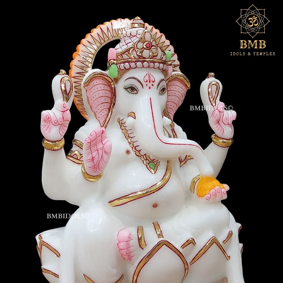 White Marble Ganesha Murti Sitting On the Lotus ashirwad Posture in 9inch