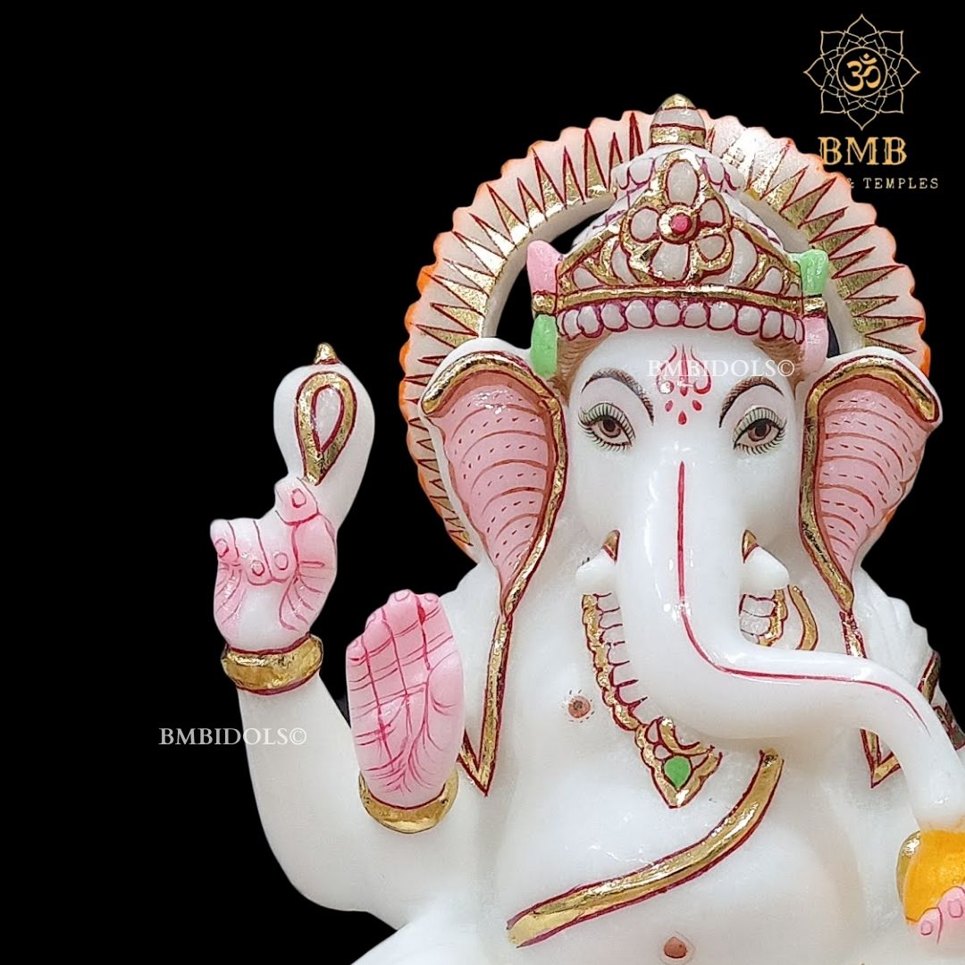 White Marble Ganesha Murti Sitting On the Lotus ashirwad Posture in 9inch