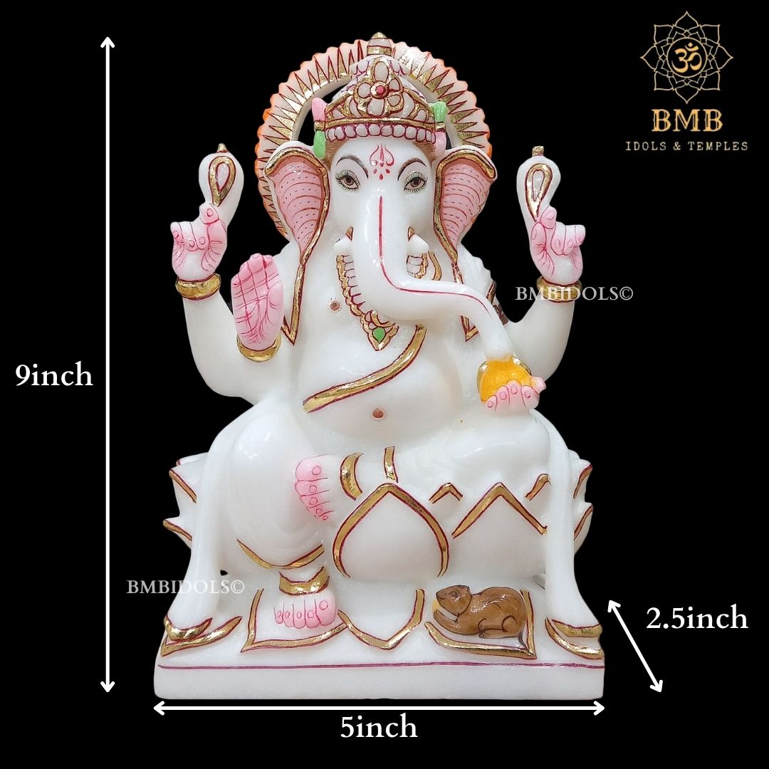 White Marble Ganesha Murti Sitting On the Lotus ashirwad Posture in 9inch