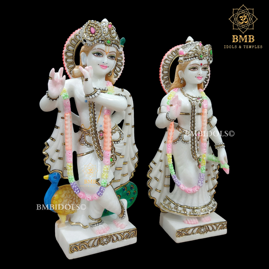 Double Feather Marble Radha Krishna Statue with Peacock in Standing Posture