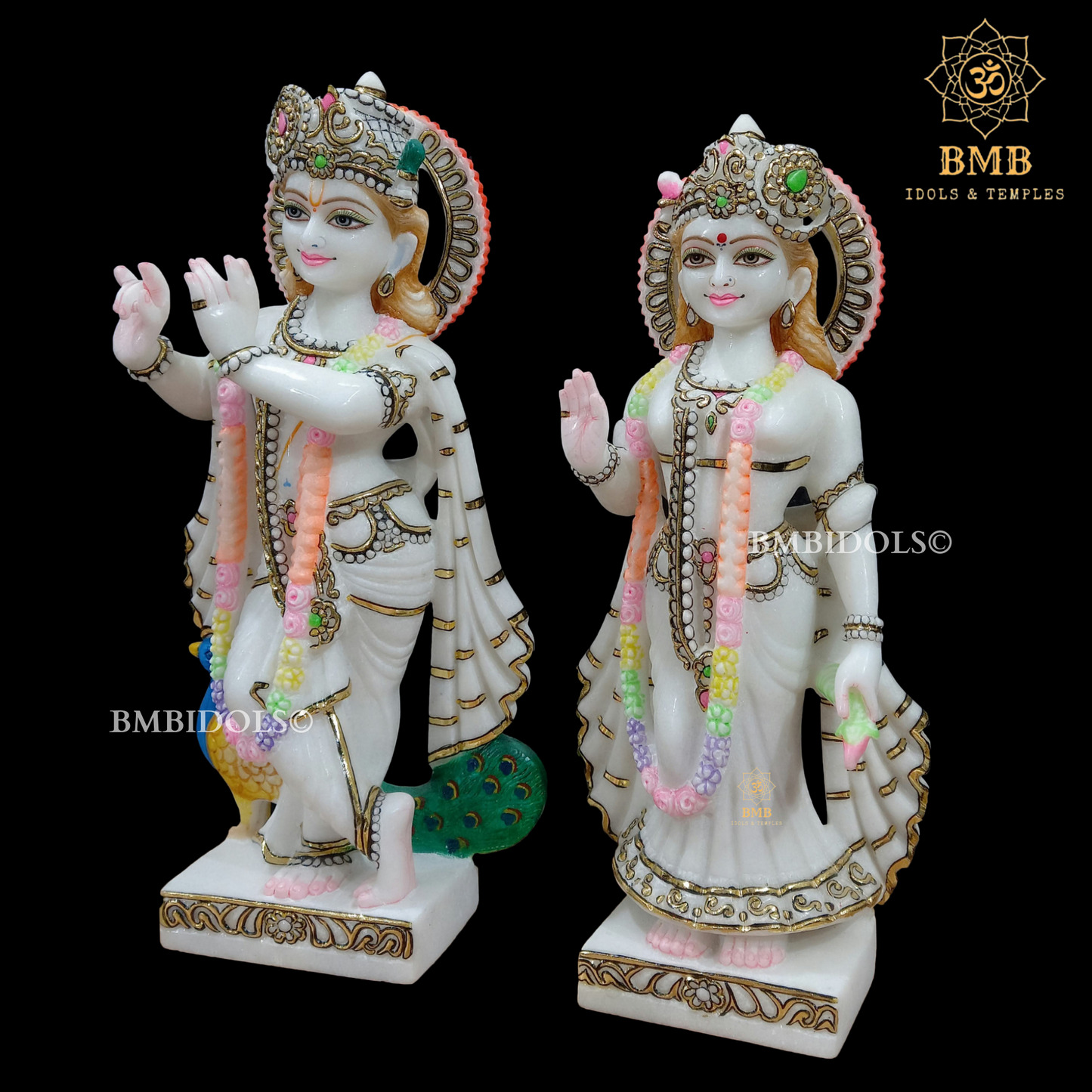 Double Feather Marble Radha Krishna Statue with Peacock in Standing Posture