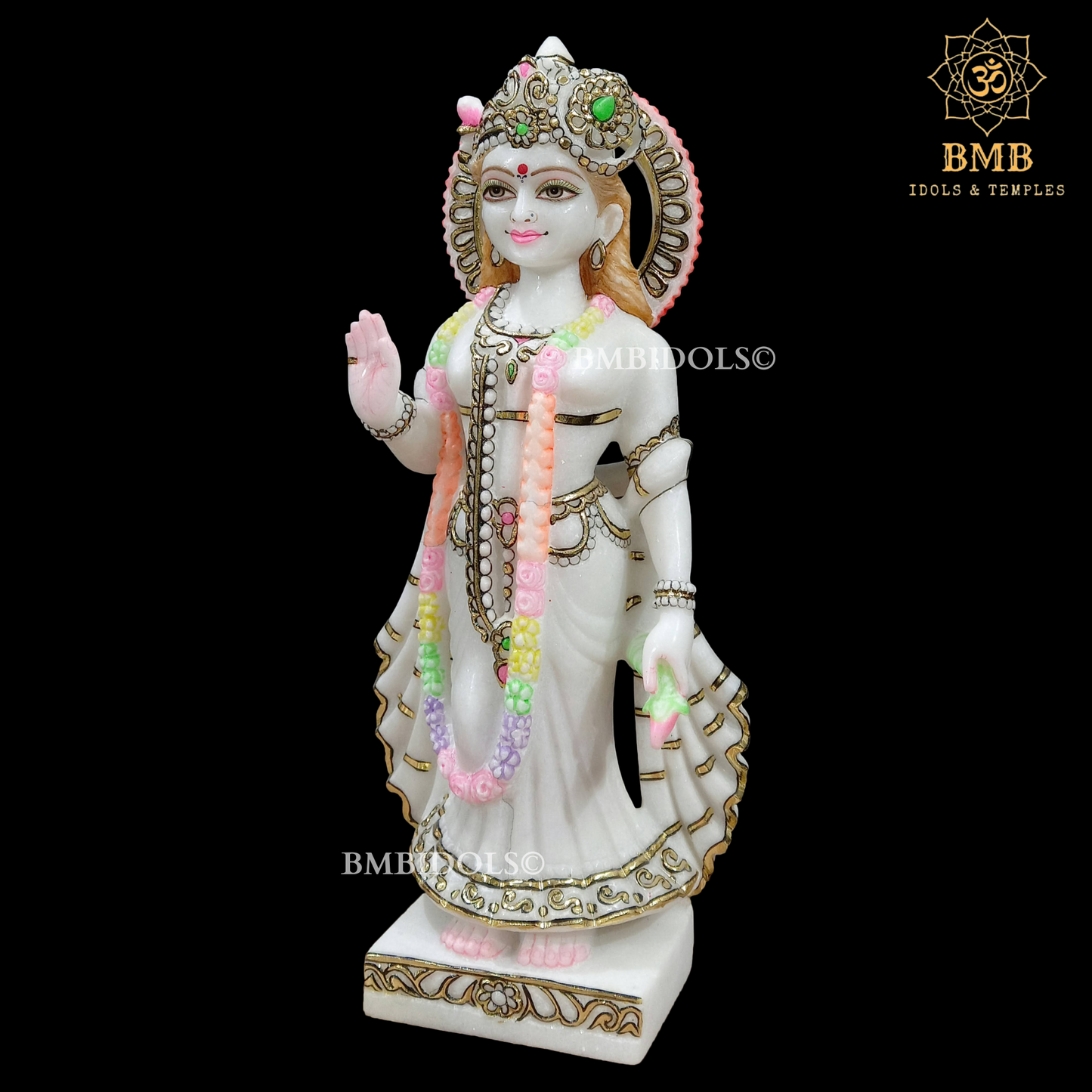 Double Feather Marble Radha Krishna Statue with Peacock in Standing Posture