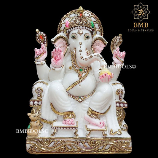Marble Ganesh Murti sitting on the Chowki in 12inches in white Marble
