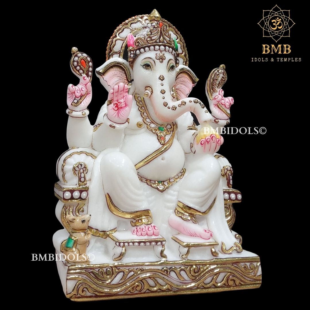 Marble Ganesh Murti sitting on the Chowki in 12inches in white Marble