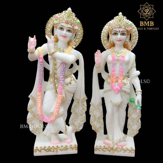 White Marble Radha Krishna Statue with Goldwork Done in Standing Posture 15"