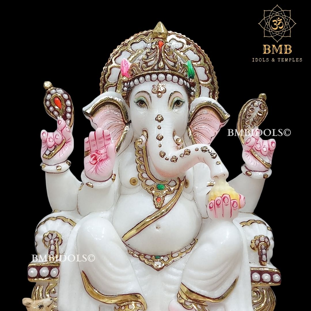 Marble Ganesh Murti sitting on the Chowki in 12inches in white Marble
