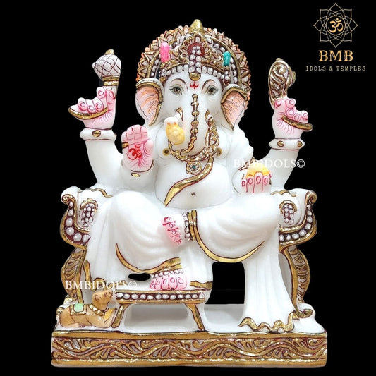 Marble Ganpati Statue sitting on the chowki  for Home Temples 9inches