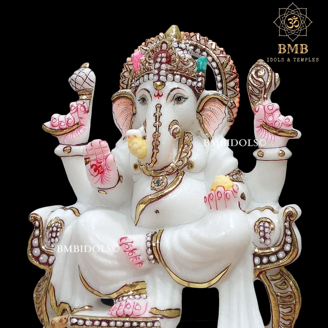 Marble Ganpati Statue sitting on the chowki  for Home Temples 9inches