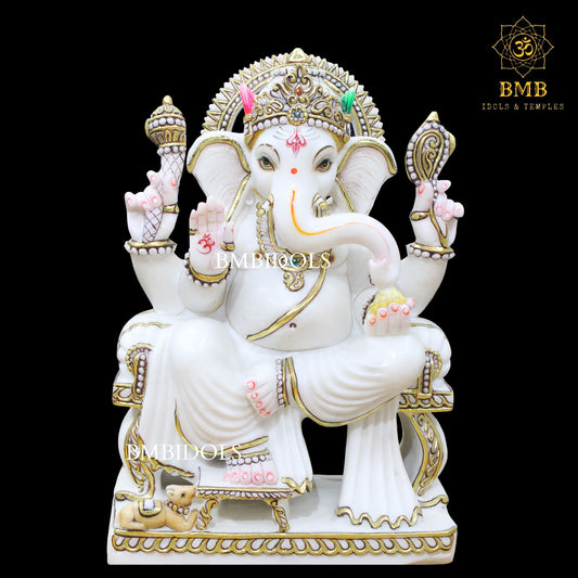 White Marble Ganesh Statue in 18inches for Home or Temples