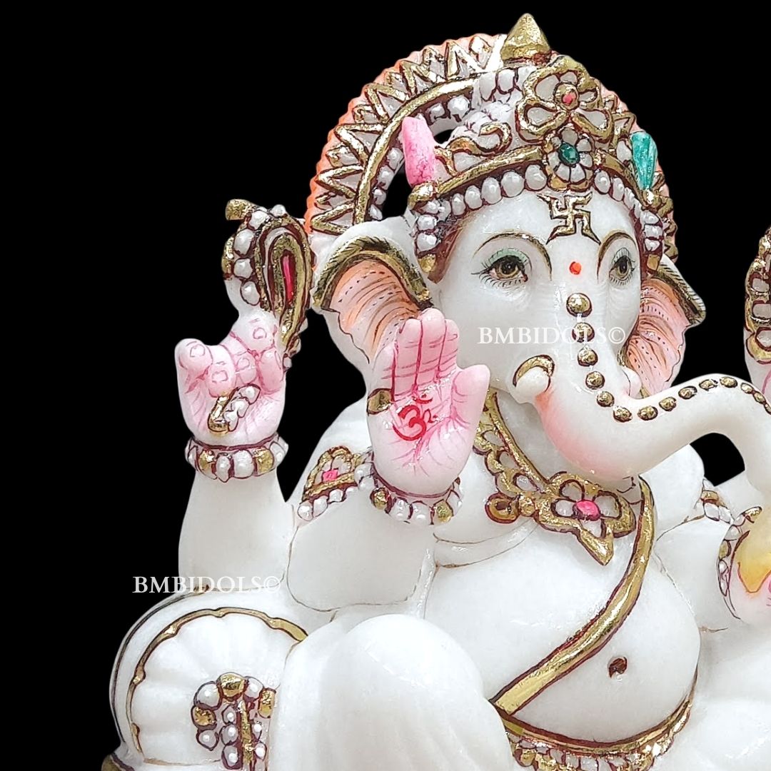 Marble Ganesha Murti in small size in pure white Marble in 9inch