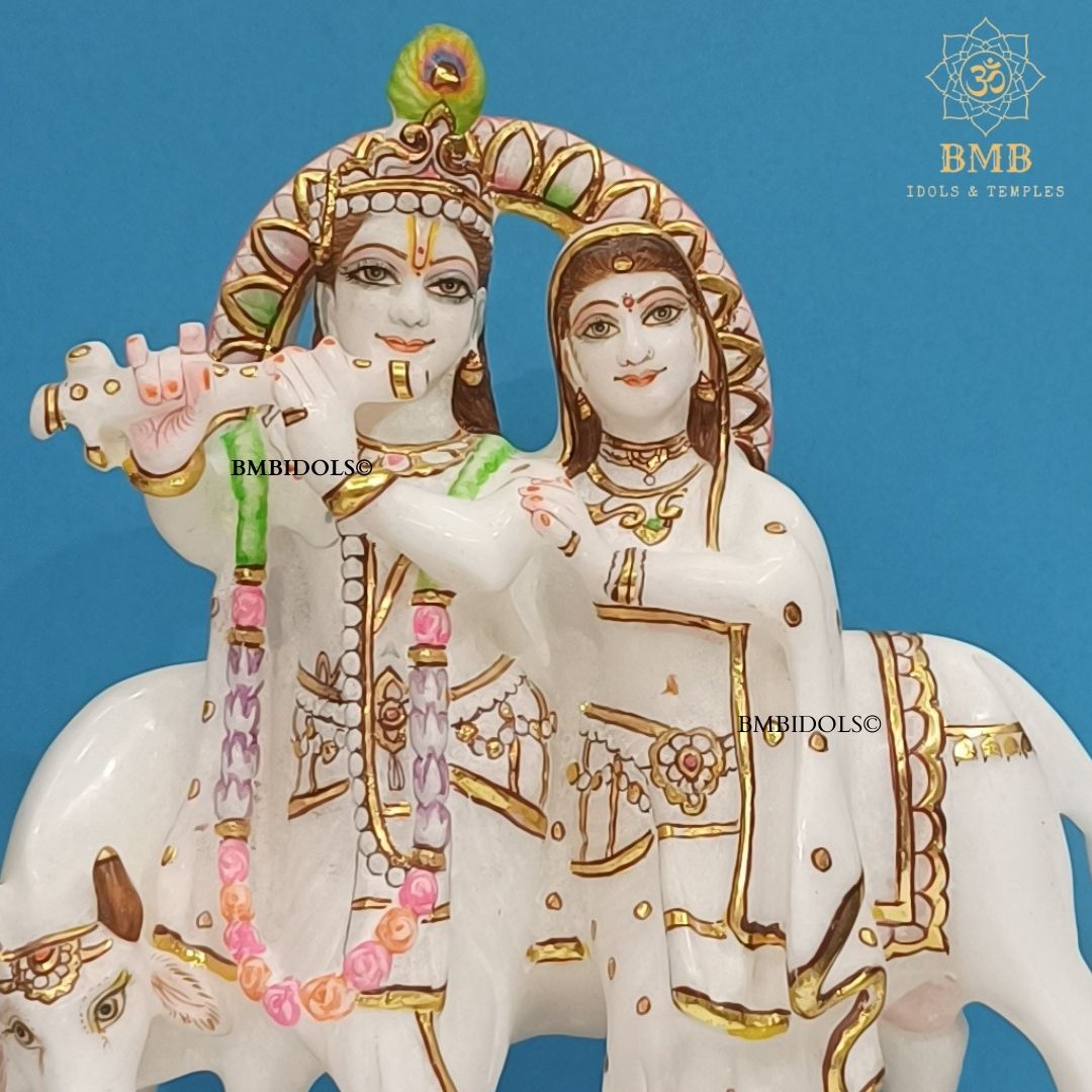 Marble Radha Krishna Statue with Cow made in Makrana Marble in 9inches