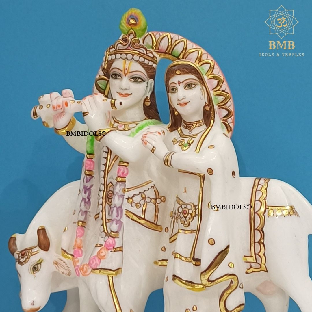 Marble Radha Krishna Statue with Cow made in Makrana Marble in 9inches