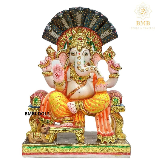 Painted Marble Ganesh Statue for Home and Temples in 12inches