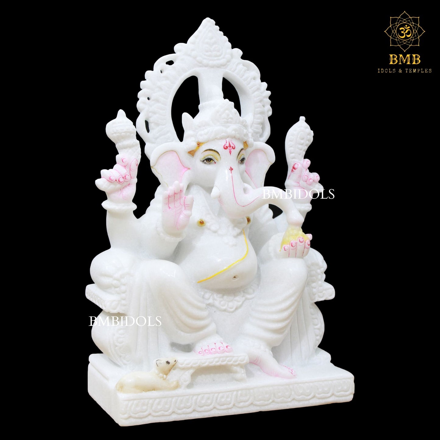 White Double Kiran Marble Ganesh Statue in 15inch with Four Hands