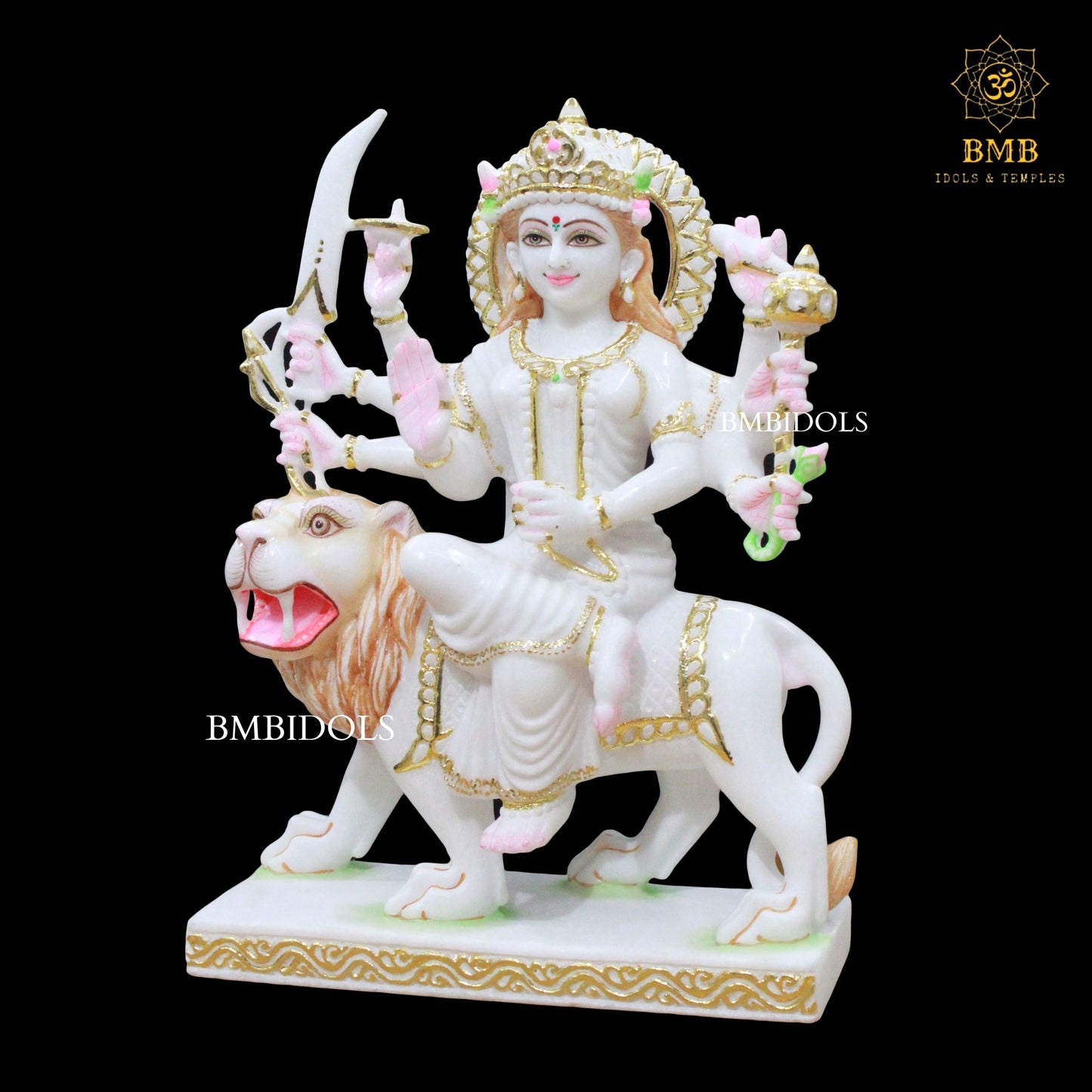 Durga Marble Idol with Eight Hands sitting on Durga in 18inches