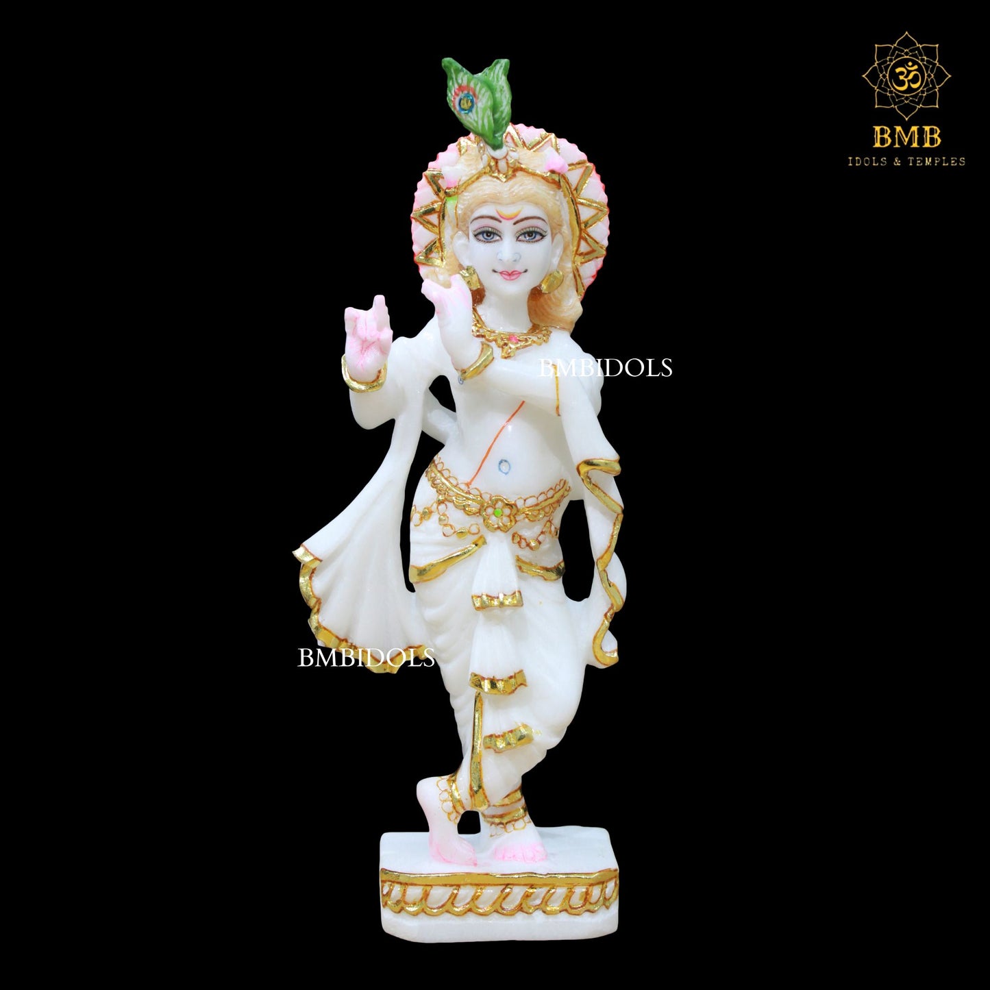 White Marble Krishna Idol in Makrana Marble in 12inches for Homes and Temples