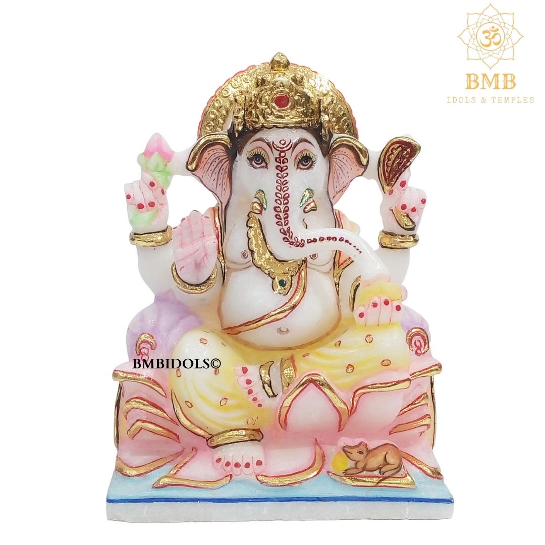 Marble Ganesha Statue sitting on the Lotus in Small size of 6"