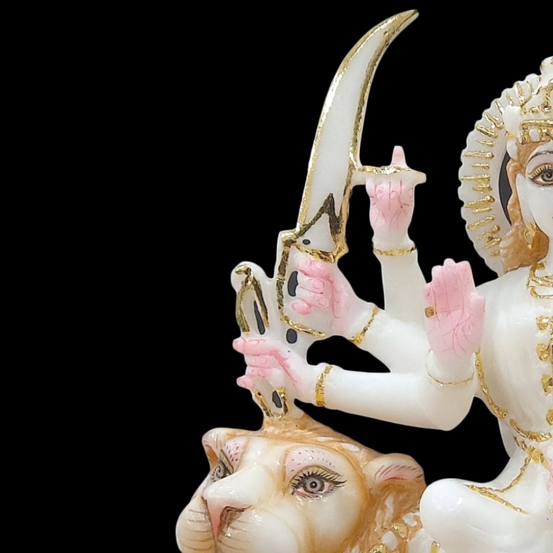 Marble Durga Mata Murti with Goldwork Done in the Durga Statue