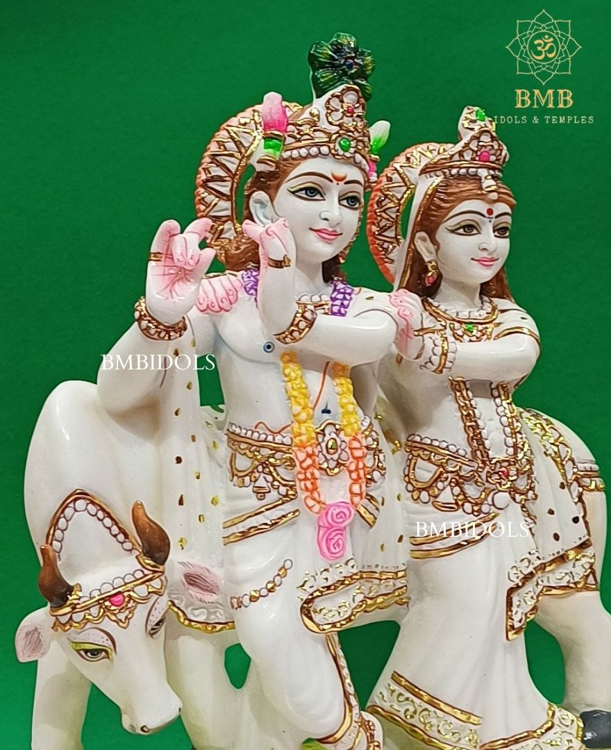 Marble Radha Krishna Murti made in White Makrana Marble with cow in 18inches