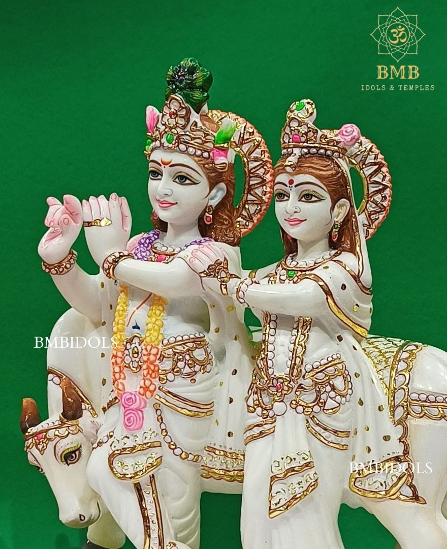 Marble Radha Krishna Murti made in White Makrana Marble with cow in 18inches