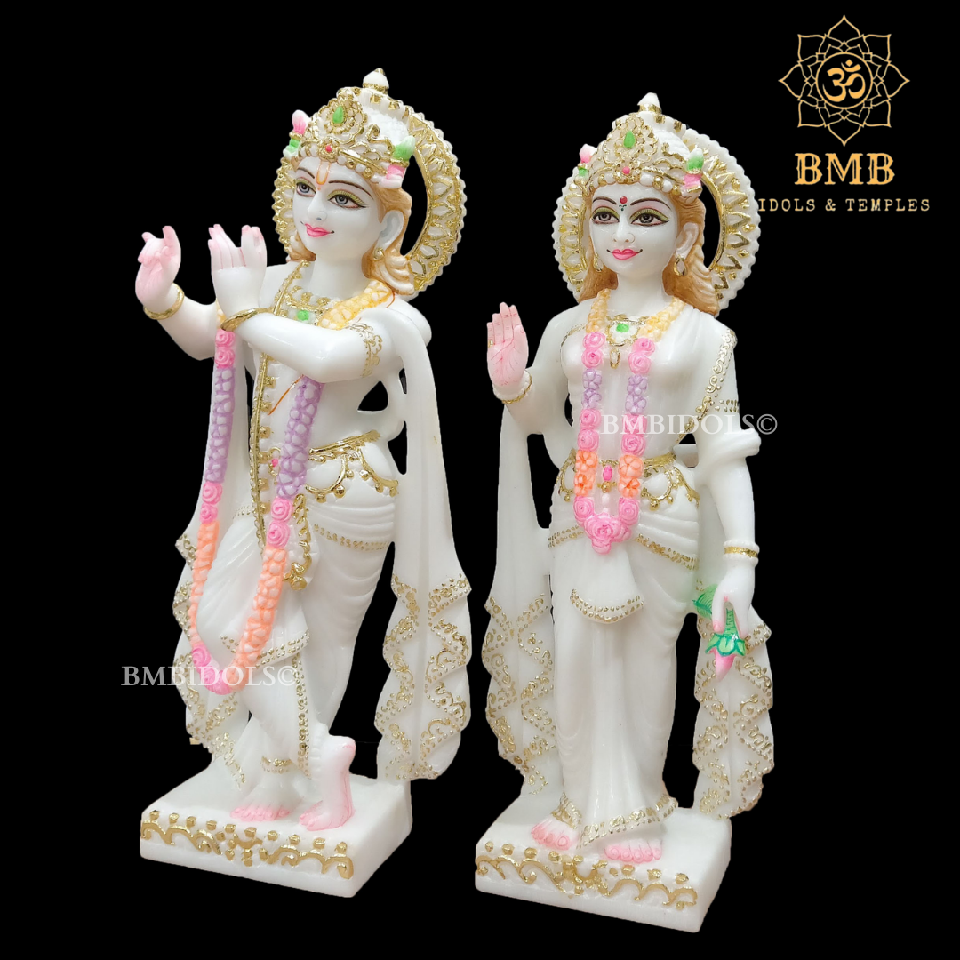 White Marble Radha Krishna Statue with Goldwork Done in Standing Posture 15"