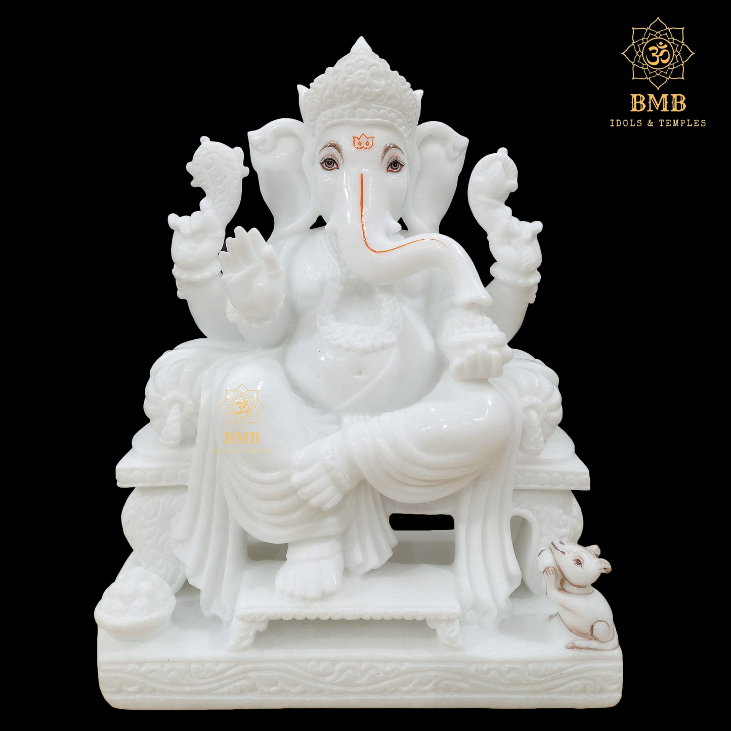 Preorder Makrana Marble Ganesha Statue sitting on the Chowki with four Hands