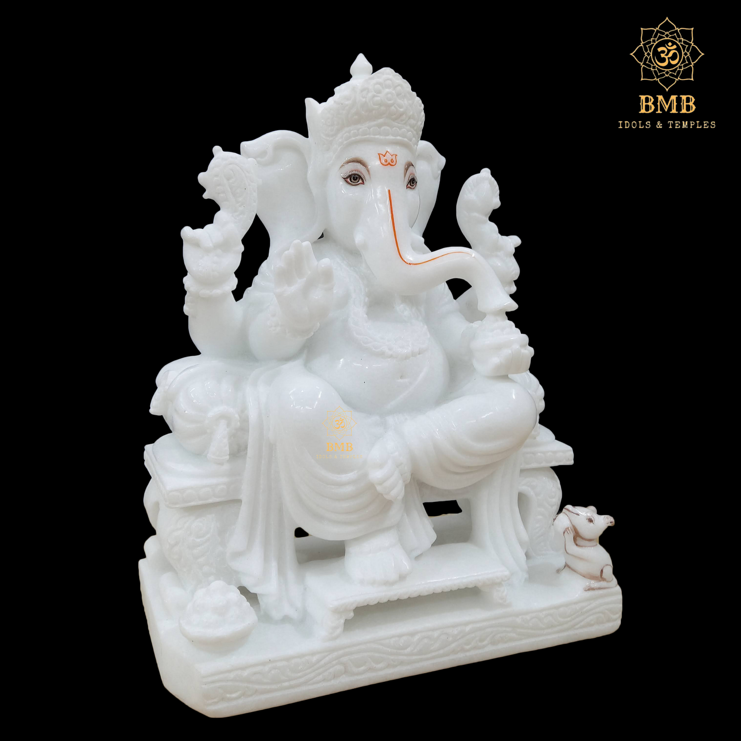 Preorder Makrana Marble Ganesha Statue sitting on the Chowki with four Hands