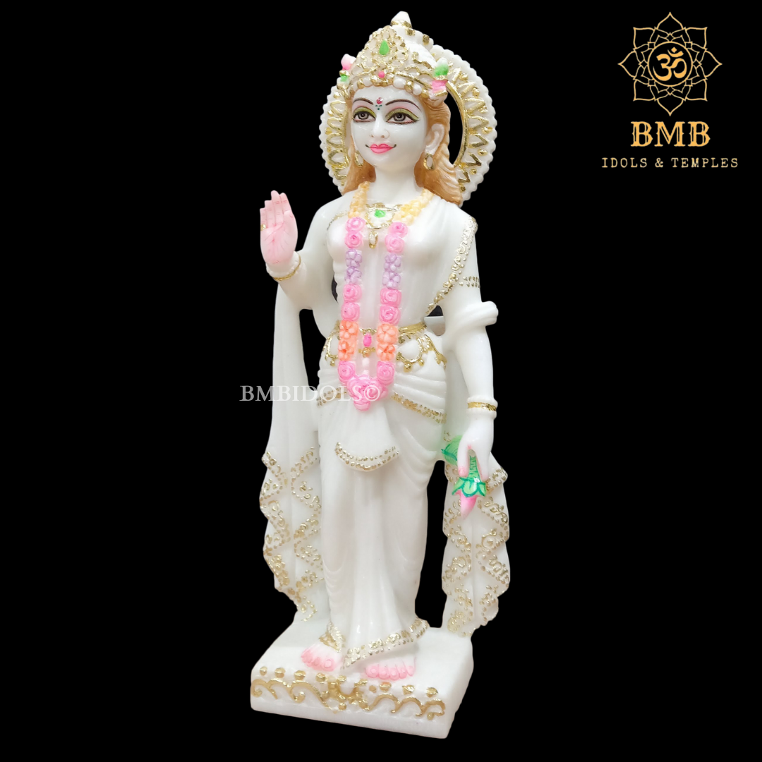 White Marble Radha Krishna Statue with Goldwork Done in Standing Posture 15"