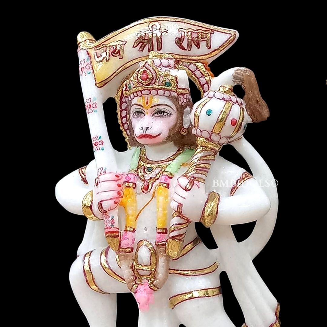 Preorder Marble Hanuman Statue carrying Flag in Hand of Jai Shri Ram