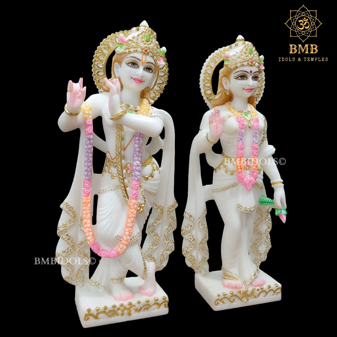 White Marble Radha Krishna Statue with Goldwork Done in Standing Posture 15"